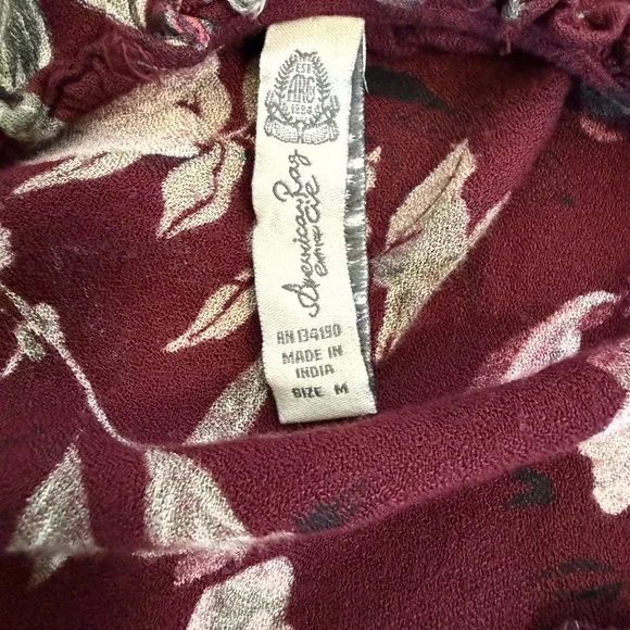 American Rag Burgundy Floral Long Sleeve Smocked Waist Mini Dress Peasant Boho - Picture 9 of 11